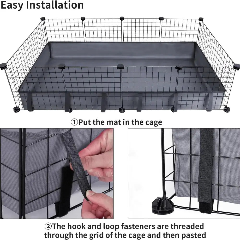 Installation facile d'un tapis de doublure en maille noire dans une cage avec des attaches velcro