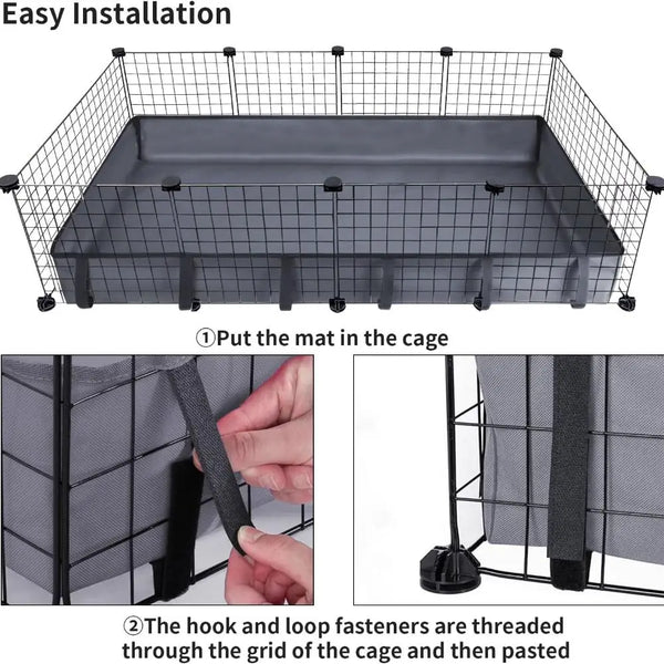 Easy installation of a black mesh habitat liner mat inside a cage using hook and loop fasteners