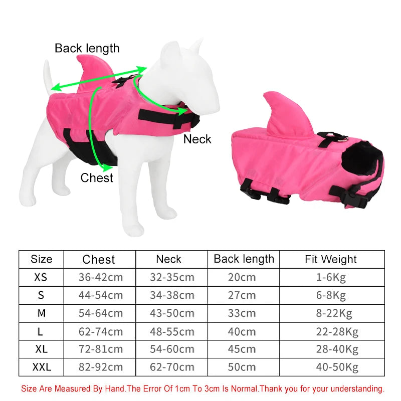 Pink and black waterproof life vest jacket for dogs shown on a white dog model.