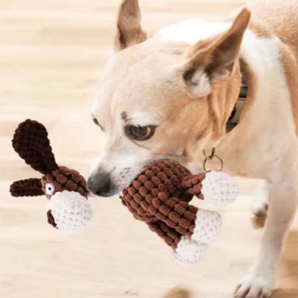 A light brown dog toy shaped like a donkey with white ears and a textured brown body.