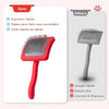 Un cepillo de mascota rojo con mango ergonómico junto a un cepillo alternativo gris.