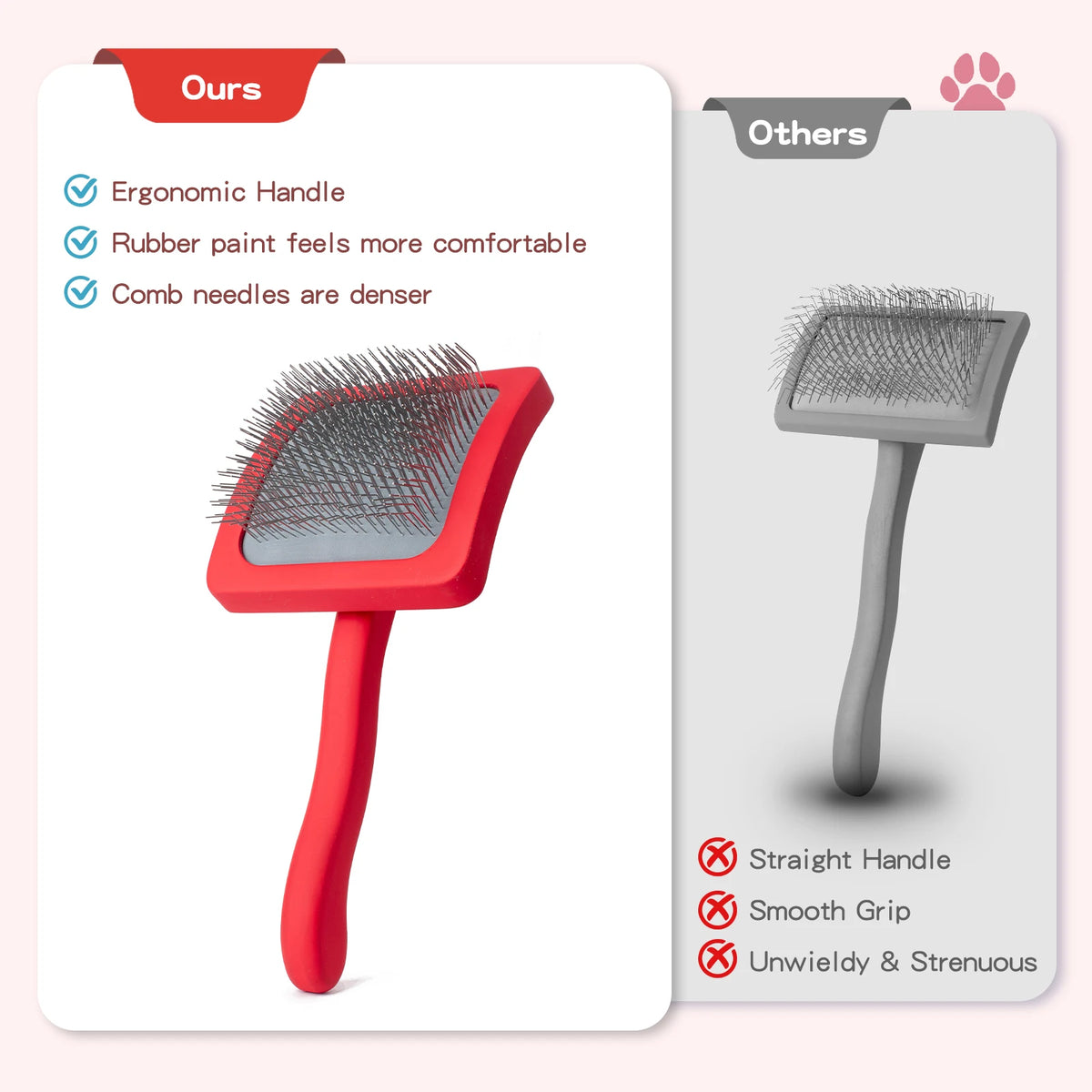 Un cepillo de mascota rojo con mango ergonómico junto a un cepillo alternativo gris.