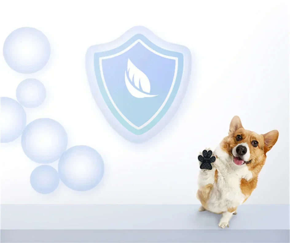 A dog stands next to a shield-shaped pet anti-slip paw protector featuring a leaf design.