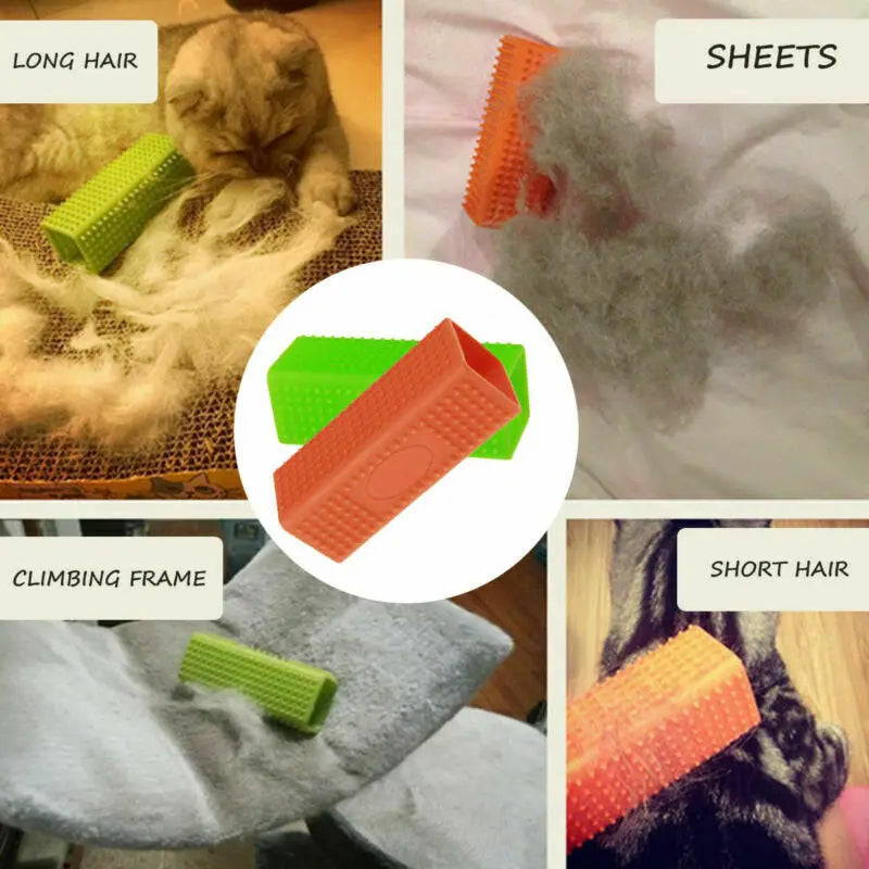 Silicone pet hair remover brush in various colors used for grooming long and short haired pets.