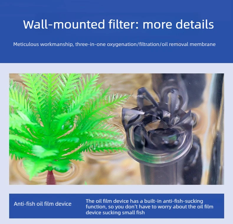 Close-up of a wall-mounted filter device showing an anti-fish oil film membrane