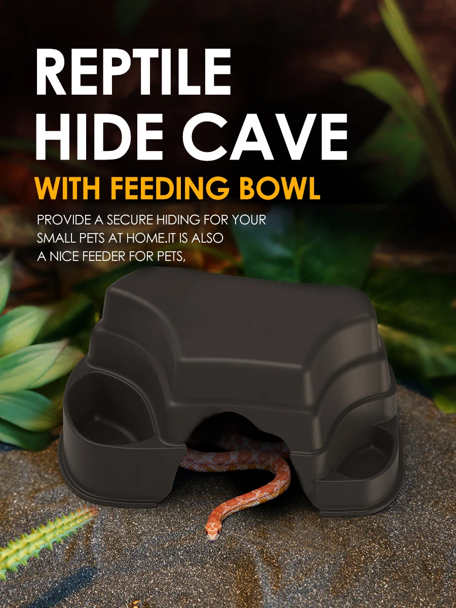 A dark brown reptile hide cave with a feeding bowl is shown on a textured surface.