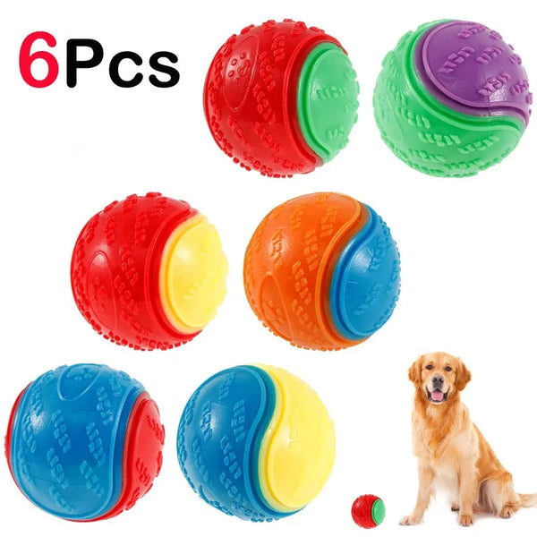 Six squeaky chew balls in red, green, orange, and blue colors for dog teeth cleaning