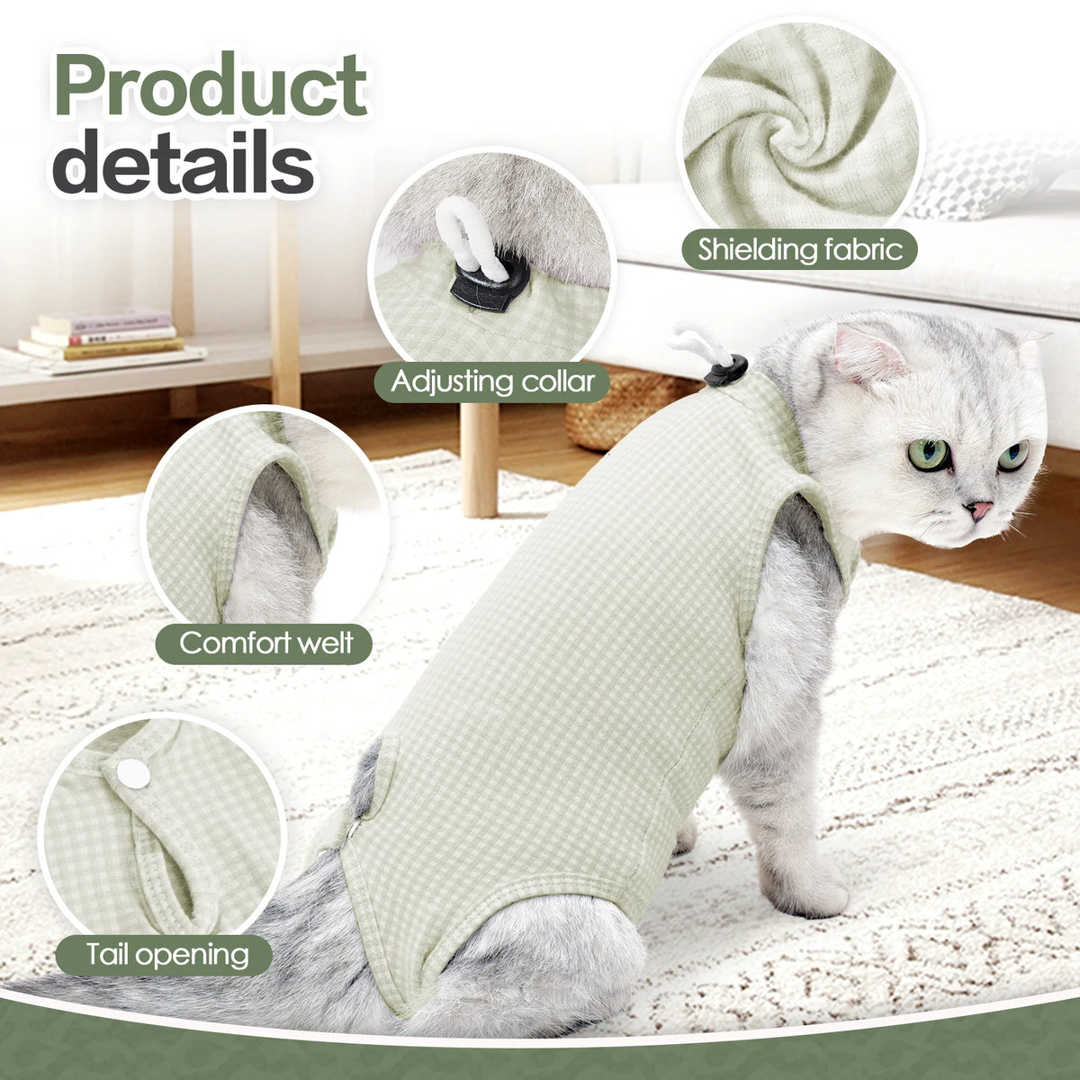 Combinaison de récupération vétérinaire vert clair pour chat, avec tissu de protection, col à ajuster et ouverture de la queu