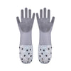 A pair of gray pet grooming gloves for dogs and cats with paw print patterns on the palms.