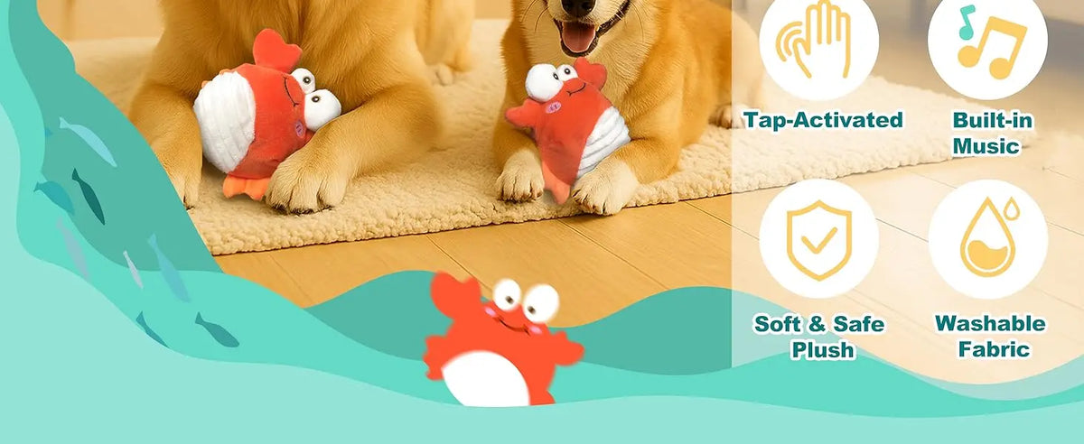 A fluffy dog is interacting with an orange crab plush toy, highlighting features like tap activation and built-in music.