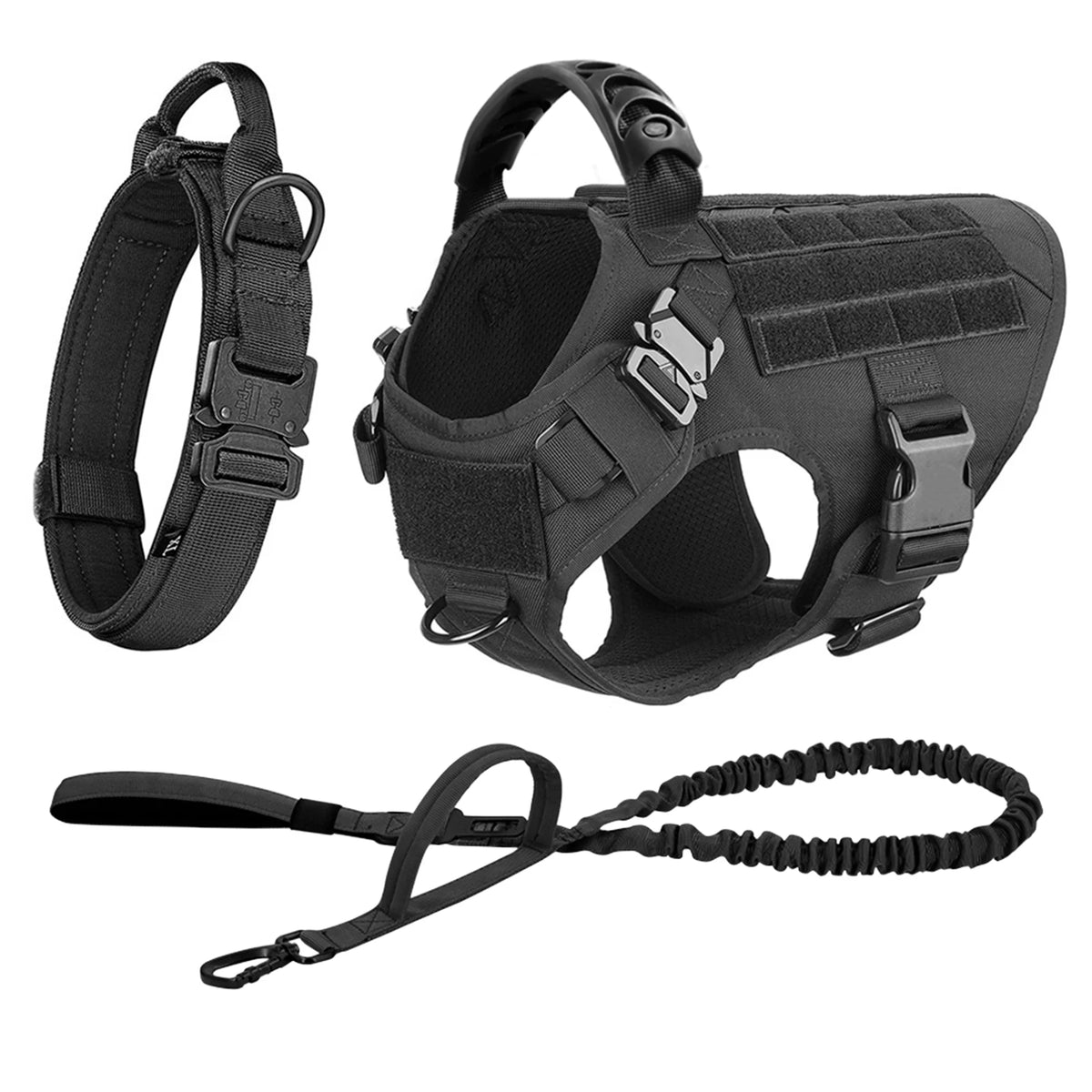Black durable dog harness and leash set for training and walking