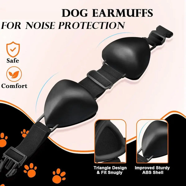 Black dog earmuffs designed for noise protection featuring a triangle design and sturdy ABS shell.