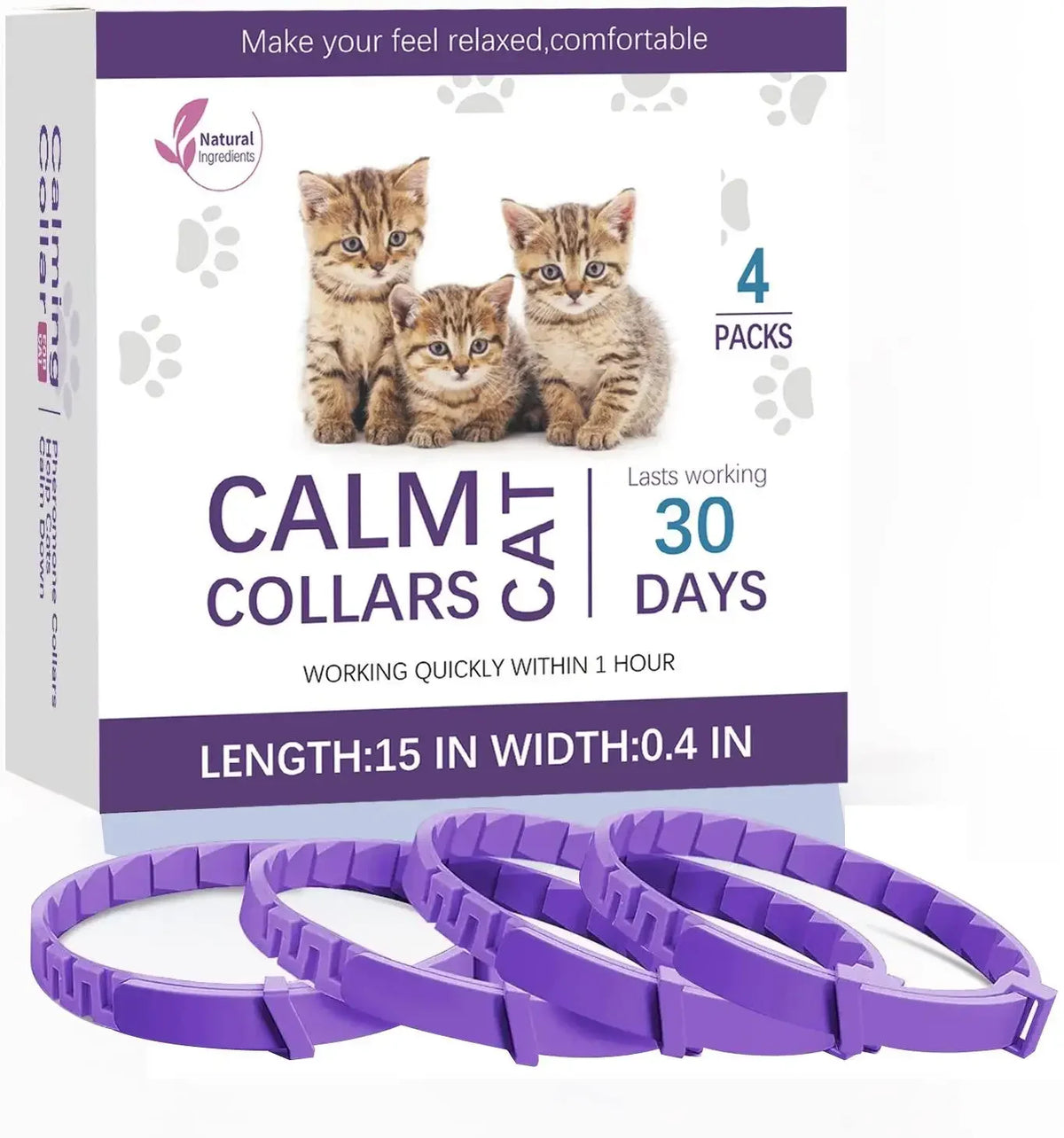 Box of Calm Collars for pets with purple collars and natural ingredients
