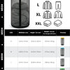 A chart showing various sizes of ultralight mesh storage bags from S to XXL with corresponding dimensions and weight estimati