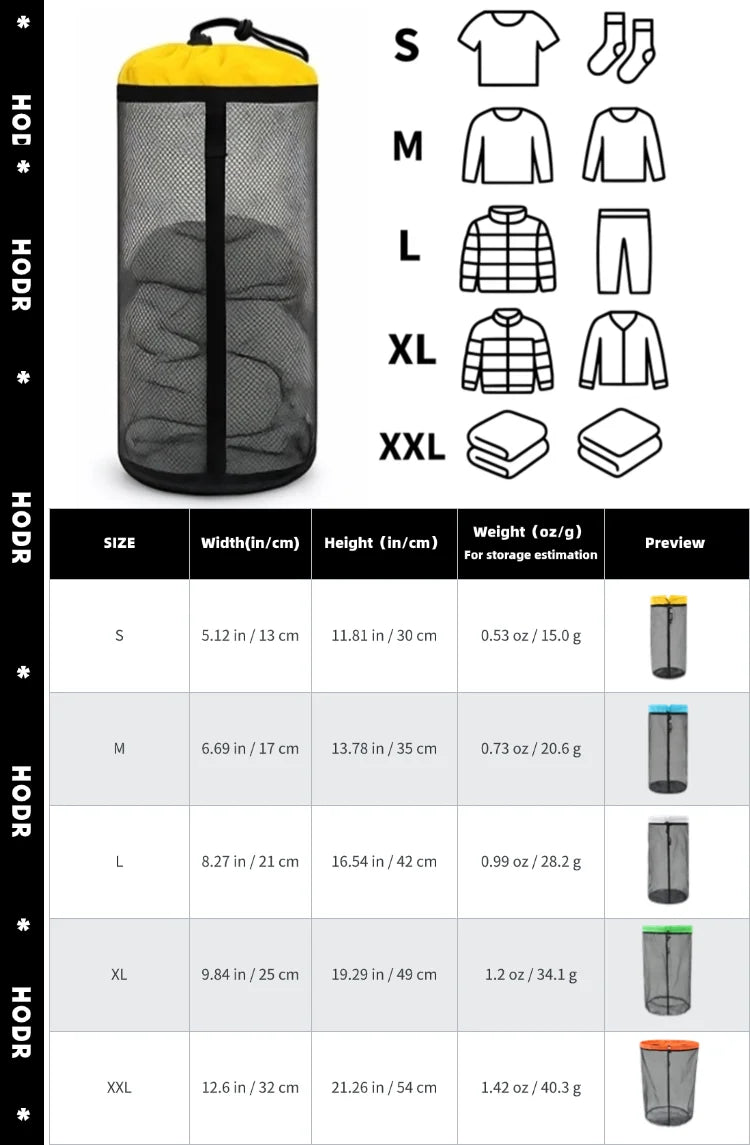 A chart showing various sizes of ultralight mesh storage bags from S to XXL with corresponding dimensions and weight estimati