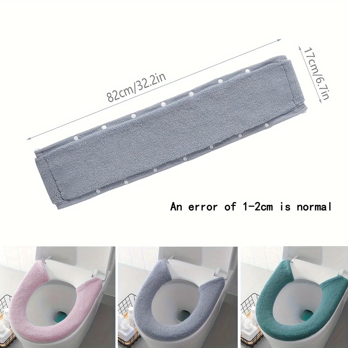 A gray plush non-slip toilet seat cover is shown in various angles.