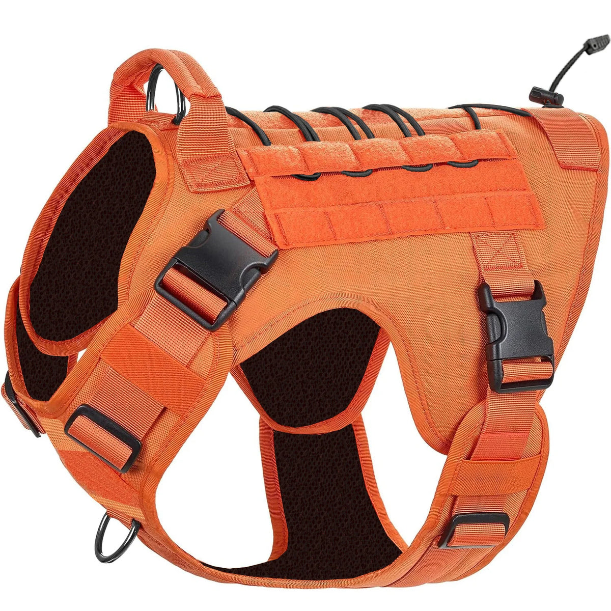 Orange tactical dog harness with handle and hook and loop panels