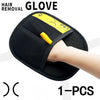 A black silicone glove with a yellow accent is shown being used for hair removal.