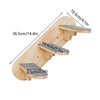 Wooden wall-mounted cat climbing shelves featuring a hammock and scratching post.