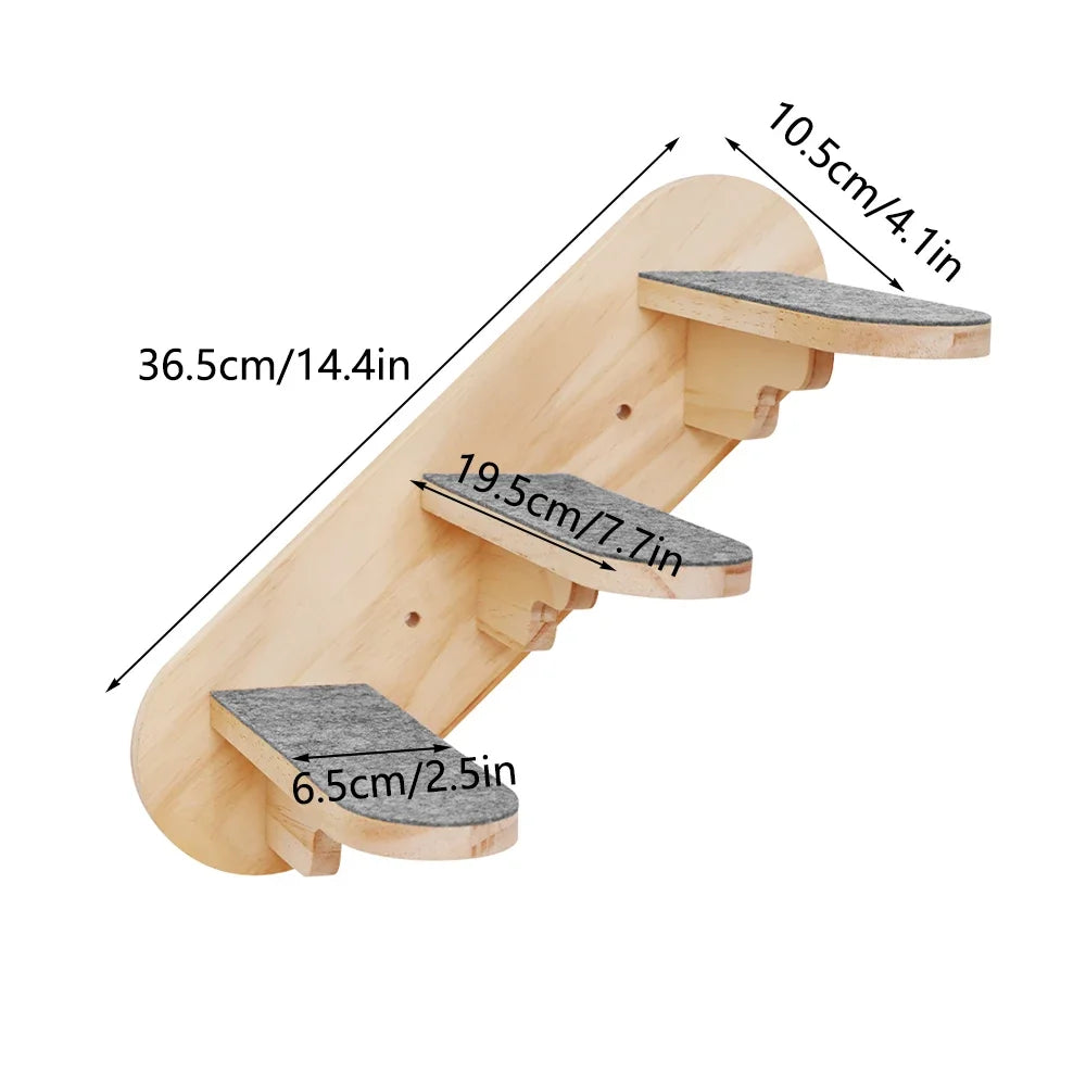 Wooden wall-mounted cat climbing shelves featuring a hammock and scratching post.