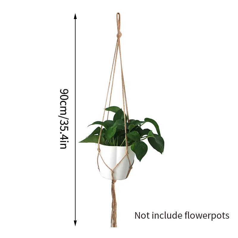 Macrame plant hanger with a white pot and green plant suspended by rope for indoor or outdoor decor