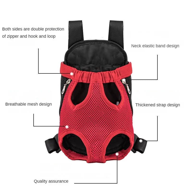 Sac à dos respirant rouge en maille pour chiens et chats avec double protection.