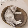 A tabby cat is relaxing inside a round, woven bowl-shaped scratching post for claws and furniture protection.