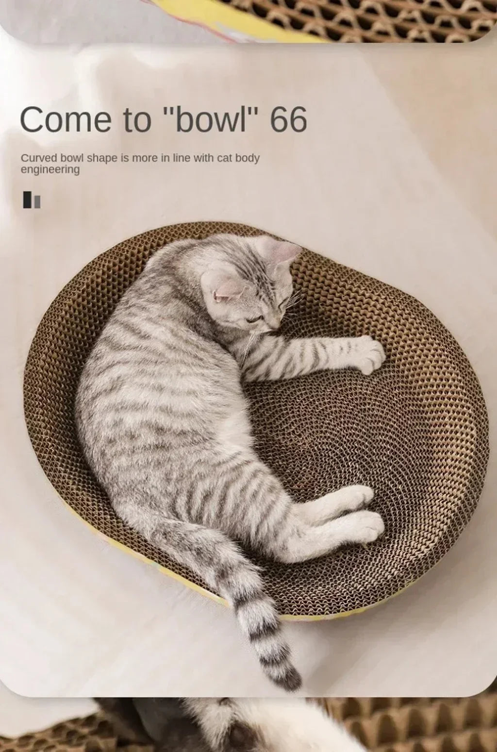 A tabby cat is relaxing inside a round, woven bowl-shaped scratching post for claws and furniture protection.