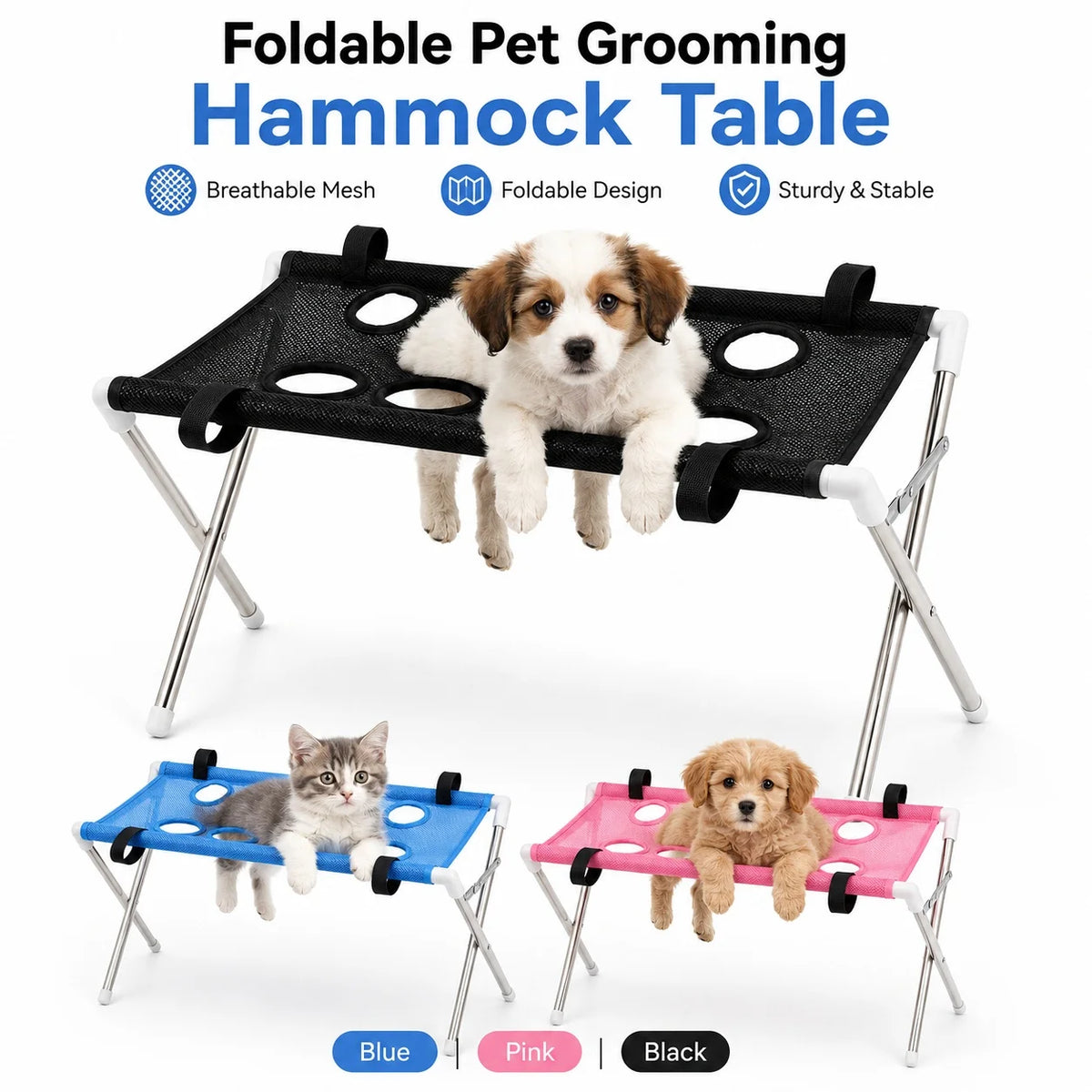 Una mesa de aseo para mascotas plegable negra con patas plateadas, mostrada junto a opciones azules, rosas y negras.
