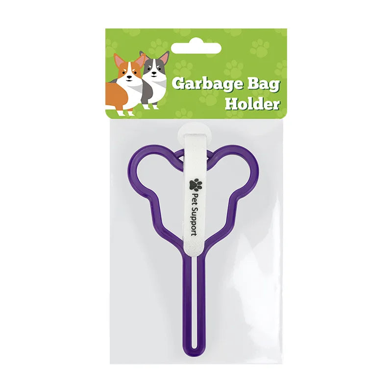 A purple hands-free dog poop bag holder with a leash clip is displayed in its packaging.