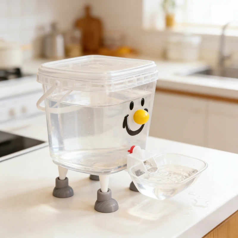 Distributeur d'eau automatique pour animaux en plastique transparent avec un visage souriant, sur un comptoir blanc.