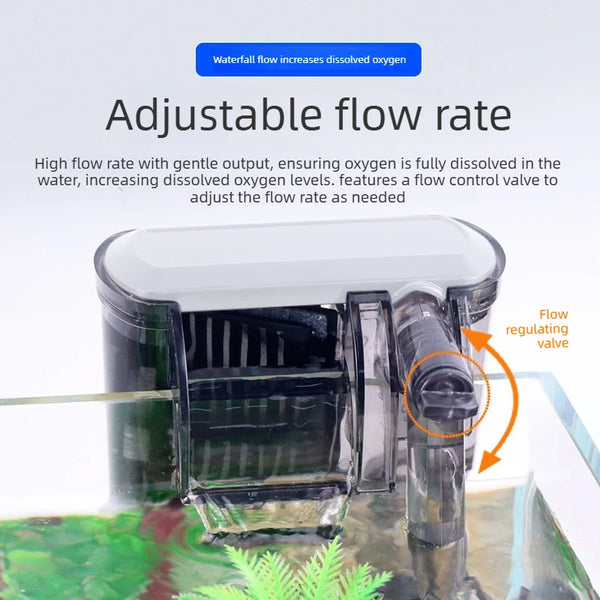 Adjustable flow rate water filter system with a flow regulating valve used in an aquarium.