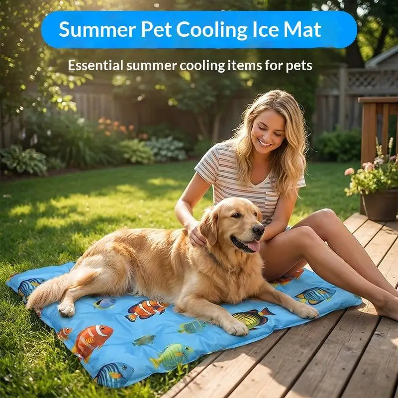 A smiling woman is sitting on a wooden deck with a golden retriever lying on a blue pet cooling ice mat filled with colorful 