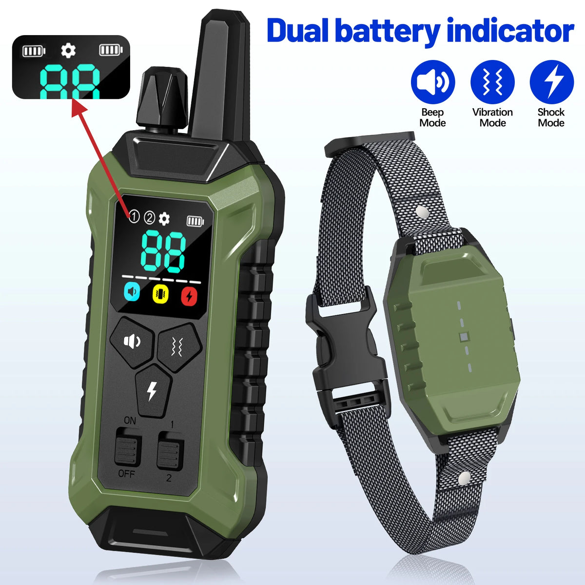 Grüner Hundetrainungskragen mit Doppelbatterieanzeige und passendem Armgurt.