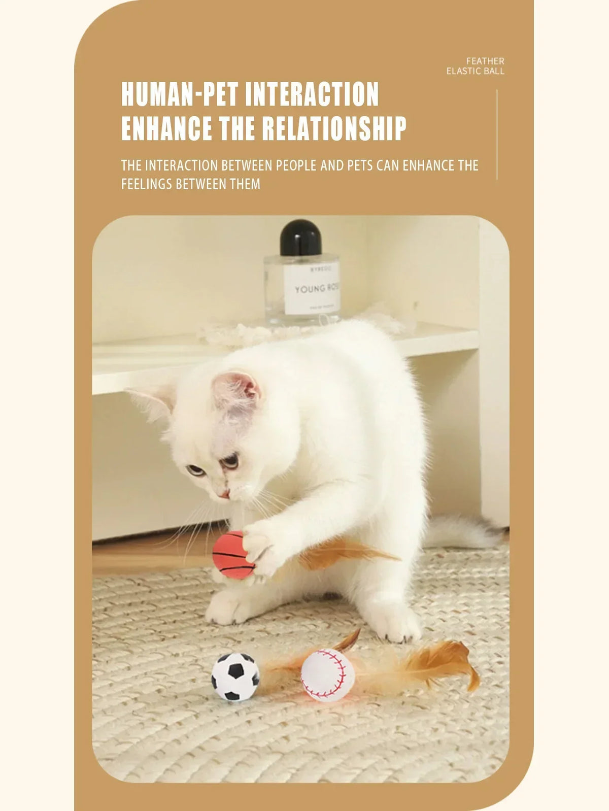 A white cat is interacting with an orange elastic ball and feathers on a carpet.