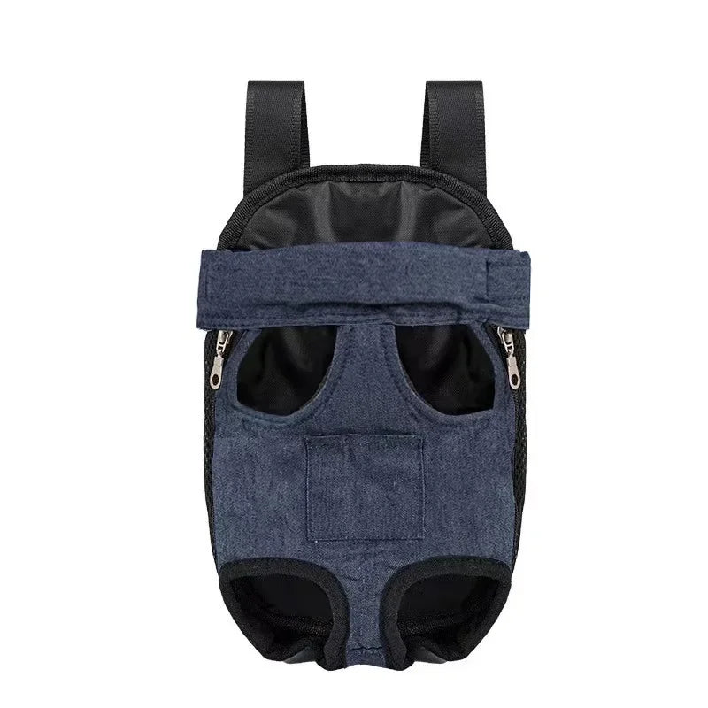 A dark blue fabric adjustable backpack carrier designed for transporting cats and dogs.