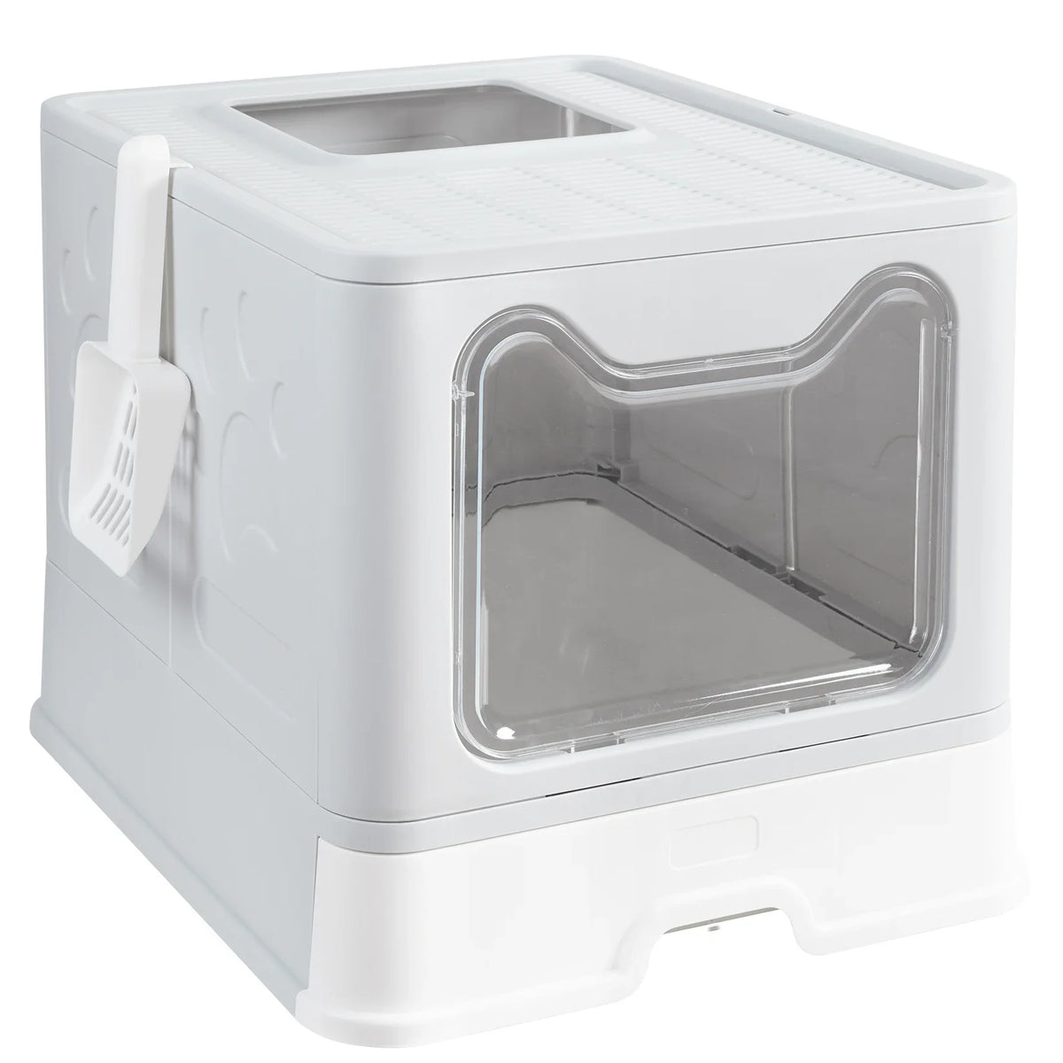 A white foldable cat litter box with a front entry and top exit visible from the side.