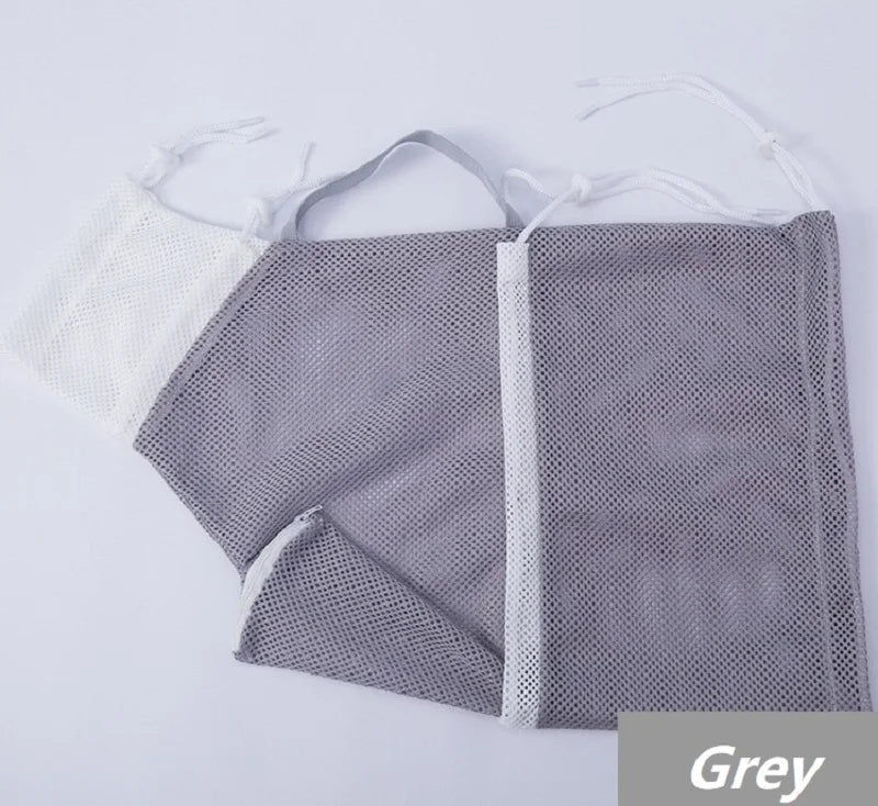 Grey reusable mesh cat grooming and bathing bags with white trim
