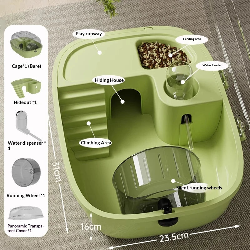 A green luxury hamster habitat cage showing various accessories like a play runway, hiding house, feeding area, and water fee