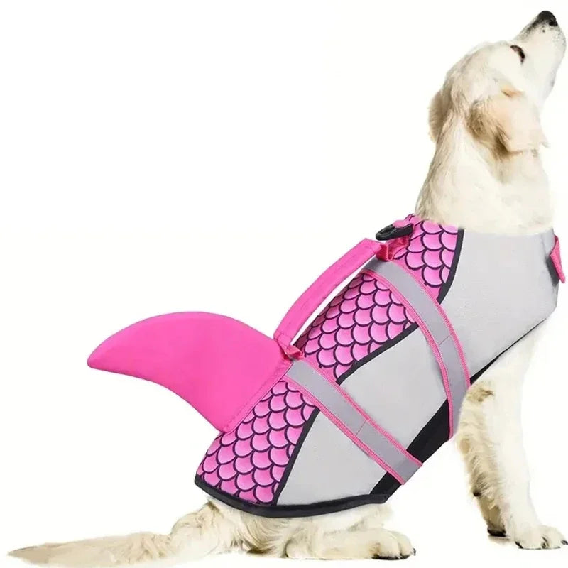 A light-colored dog wearing a bright pink and gray swimming life jacket for water activities.