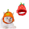 A white cat wearing an orange fruit-shaped hat resembling a strawberry.