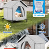 An all-season insulated cat house is shown in summer with ice packs and in winter with hot water bags.