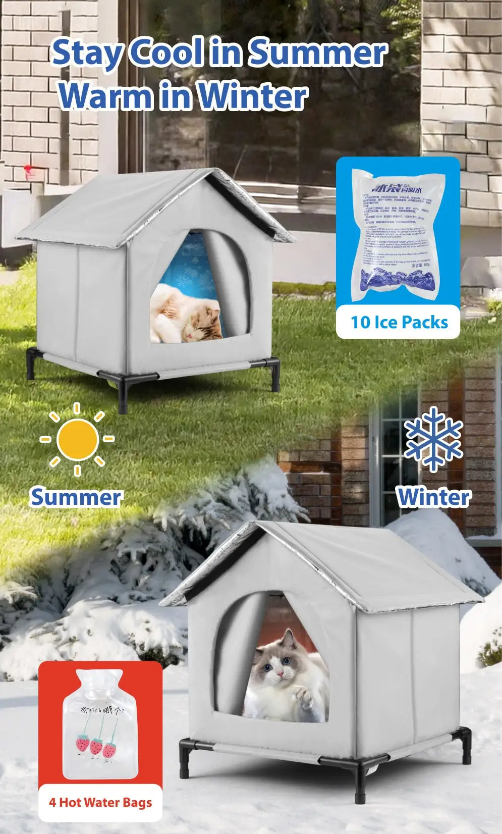 An all-season insulated cat house is shown in summer with ice packs and in winter with hot water bags.