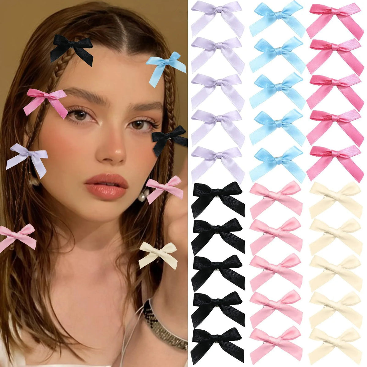 Una colección de clips de cabello con lazos de cinta rosa, azul y blanco, mostrados junto al cabello de una mujer.