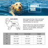 A golden retriever dog swimming in the water wearing a high visibility reflective life jacket