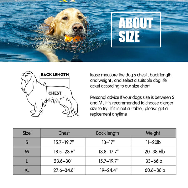 A golden retriever dog swimming in the water wearing a high visibility reflective life jacket