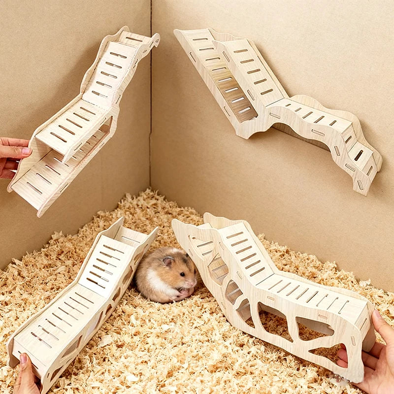 Wooden hamster hideout cave with peekaboo design made of light wood placed on a beige background.