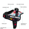 A black pet walking harness featuring a silicone handle, zinc alloy buckle, nylon webbing, and various adjustable features.