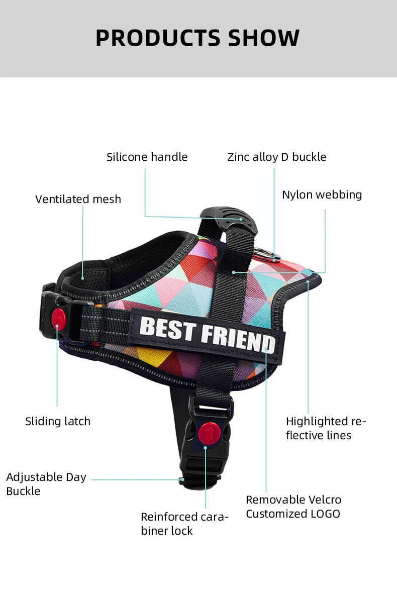 A black pet walking harness featuring a silicone handle, zinc alloy buckle, nylon webbing, and various adjustable features.