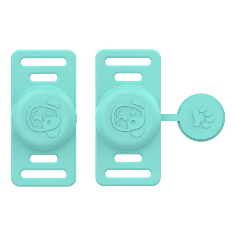 A pair of light blue silicone airtag holders designed to clip onto pet collars.